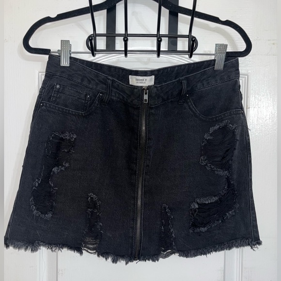 Forever 21 Distressed Black Denim Skirt with Zipper Closure Front — 29 - Picture 1 of 8